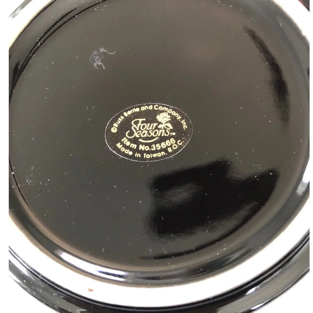 Vintage Ceramic Round Black Floral Jewelry Trinket Box & Lid
